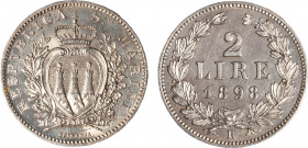 SAN MARINO - Vecchia monetazione (1864-1938) - 2 lire 1898
Argento
Gigante 25 Rara
Lievi hairlines su fondi lucenti
SPL-FDC