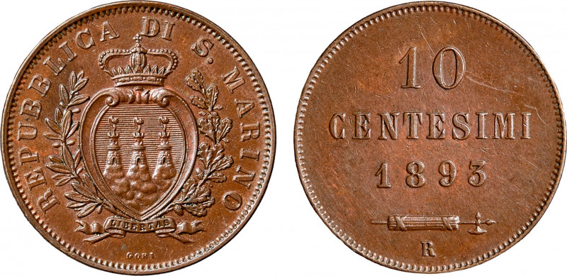 SAN MARINO - Vecchia monetazione (1864-1938) - 10 centesimi 1893
Rame
Gigante 31...