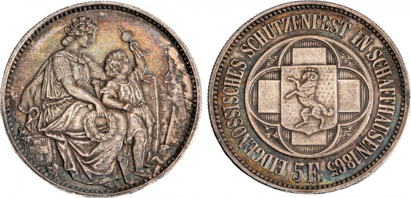 SVIZZERA - 5 Franchi 1865, Festival di tiro di Sciaffusa
Argento
KM X#S8, Dav. 3...