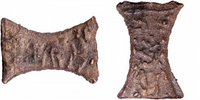 Unpublished Damru shaped Cast Copper Coin of Kaushambi Region with Swastika and Nandipada Symbols.