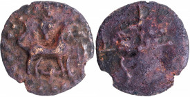 Unpublished and Extremely Rare Potin Coin of Sangam Cheras with Lion, Conch, Bow & Arrow Symbols.
