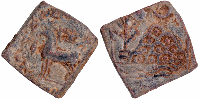 Hiranyakas, Rano Khadakamasa (250-300 CE), Lead Unit, Square Shaped, Obv: a hors...