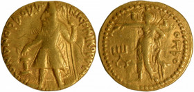 A Very Rare Gold Dinar Coin of Kanishka I of Kushan Dynasty of Oesho Type Bactrian legend AONANO AO KA-NH KI KO ANO Shaonashao Kanishki Koshano King o...