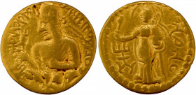 Gold Dinar Coin of Huvishka of Kushan Dynasty of NANA type with Bactrian legend AONANO AO OO KI KO ANO means King of Kings Huvishka Kushan.