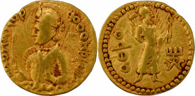 Extremely Rare Gold Dinar Coin of Huvishka of Kushan Dynasty of Athsho type, King Holding Sword.