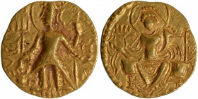 Very Rare Gold Dinar Coin of Vasishka of Kushan Dynasty of Ardokhsho type, Brahmi initials Ga next to the altar and Vi between the legs.