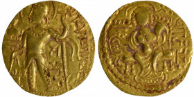 Extremely Rare Javelin type uncirculated Gold Dinar Coin of Samudra gupta of Gupta Dynasty