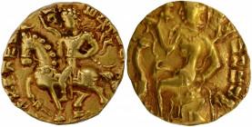 Horseman type Extremely Rare Gold Dinar Coin of Kumaragupta I Raja Mahendraditya of Gupta Dynasty in almost Un Circulated Condition.