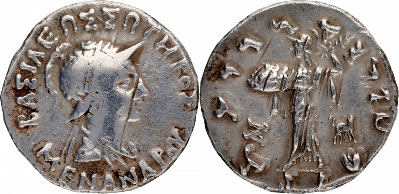 Indo Greeks, Menander I (155-130 BC), Silver Tetradrachma, Obv: a diademed, helm...
