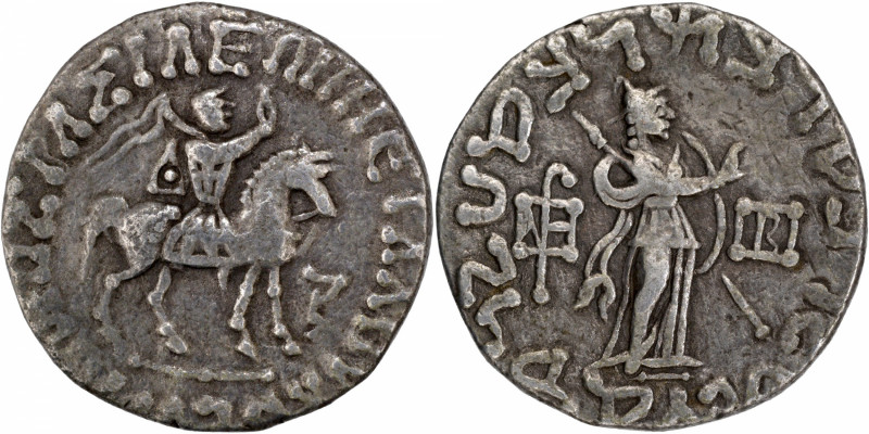 Indo Scythians, Azes II (35-12 BC), Silver Tetradrachma, Obv: the king mounted o...