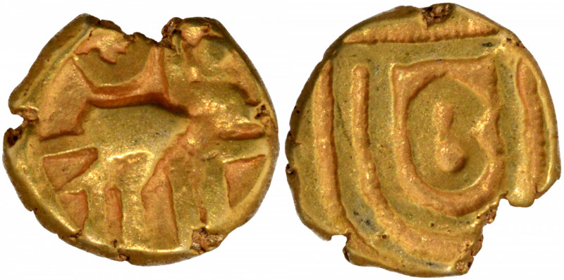 Kayasthas of Kurnool, Ambadeva (1273-1302 CE), Gold Fanam, Obv: a boar walking t...