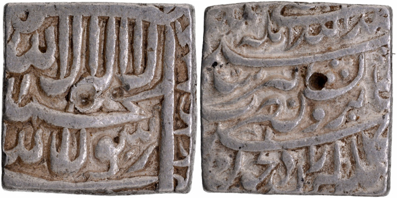 Akbar, Bangala Mint, Silver Square Rupee, "Kaab-e-Roushan" Couplet, three lines ...