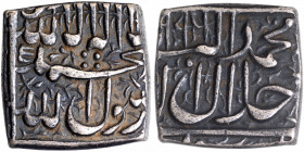 A Rare and extremely fine with original patina Silver Square Rupee Coin of Akbar of Ujjain Mint.