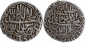 Rare Silver Rupee Coin of Akbar of Lahore Mint, legends at both sides within a beautiful double-knotted lozenge star.
