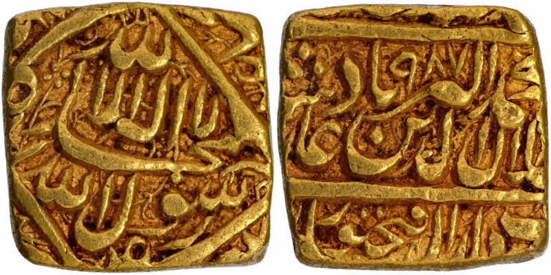 Akbar, Fathpur Dar-ul-Saltana Mint, Gold Square Heavy Mohur, AH 987, Obv: Arabic...