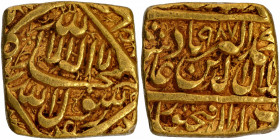 Extremely Rare Gold Square Heavy Mohur Coin of Akbar of Fathpur Dar ul Saltana Mint in extremely fine condition.