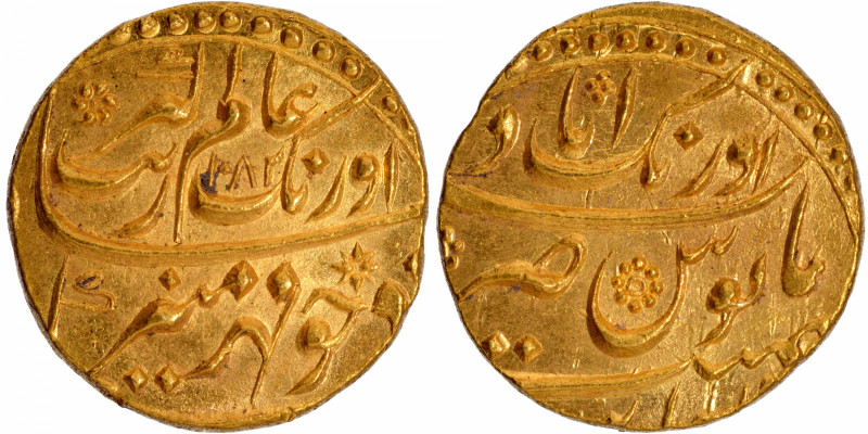 Aurangzeb Alamgir, Aurangabad Mint, Gold Mohur, AH 1082, "Mihr Munir" Couplet, O...