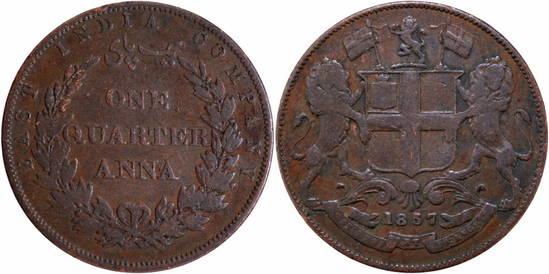 1857, East India Company, Copper 1/4 Anna, Birmingham Mint, Single Leaf, (PR # 1...