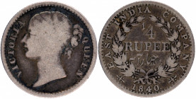 Silver Quarter Rupee Coin of Victoria Queen of Calcutta Mint of 1840.