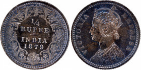 Silver Quarter Rupee Coin of Victoria Empress of Calcutta Mint of 1879.