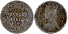 Silver Quarter Rupee Coin of Victoria Empress of Bombay Mint of 1881.