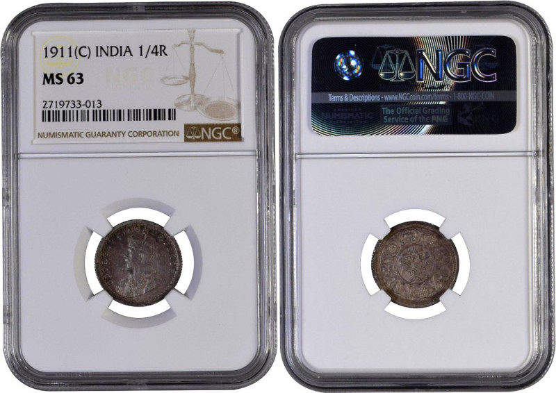 1911, King George V, Silver 1/4 Rupee, Calcutta Mint, no dot, pig type, (PR # 44...