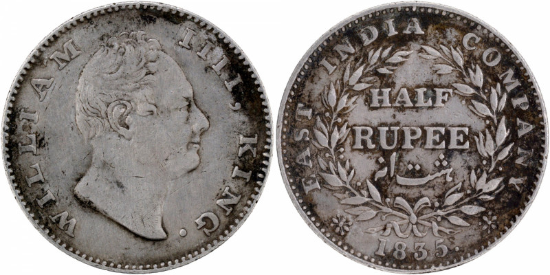 1835, King William IIII, Silver 1/2 Rupee, Calcutta Mint, F incused, 20 berries ...