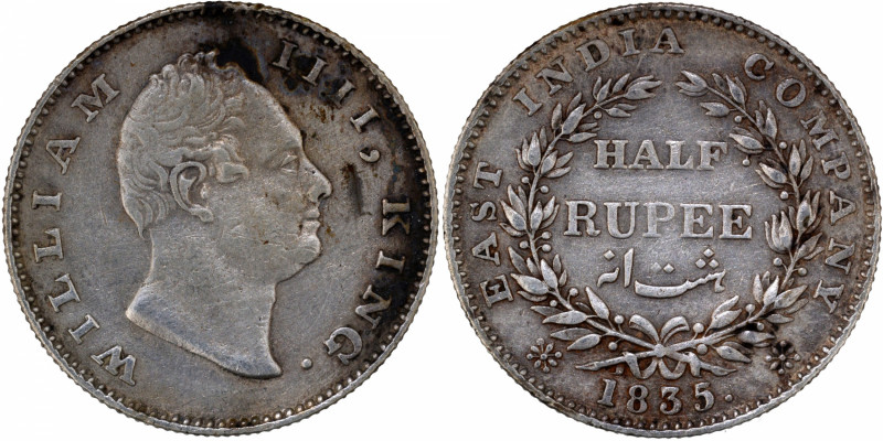 1835, King William IIII, Silver 1/2 Rupee, Bombay Mint, no initials, 20 berries ...