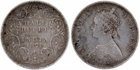 Silver Half Rupee Coin of Victoria Empress of Calcutta Mint of 1878.
