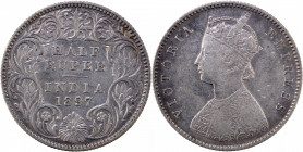 Silver Half Rupee Coin of Victoria Empress of Calcutta Mint of 1897.