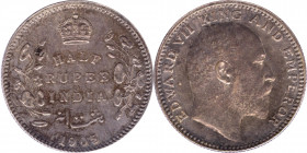 Silver Half Rupee Coin of King Edward VII of Calcutta Mint of 1905.