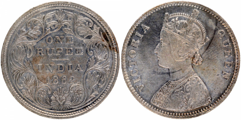 1862, Victoria Queen, Silver Rupee, Bombay Mint, A/II/0/3 dots, without initial ...