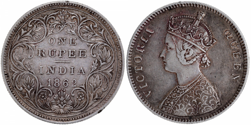 1862, Victoria Queen, Silver Rupee, Bombay Mint, A/II/0/4 dots, without initial ...