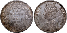 Silver One Rupee Coin of Victoria Empress of Calcutta Mint of 1881.