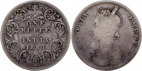 Silver One Rupee Coin of Victoria Empress of Bombay Mint of 1887.