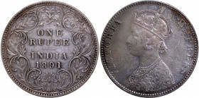 Silver One Rupee Coin of Victoria Empress of Bombay Mint of 1891.