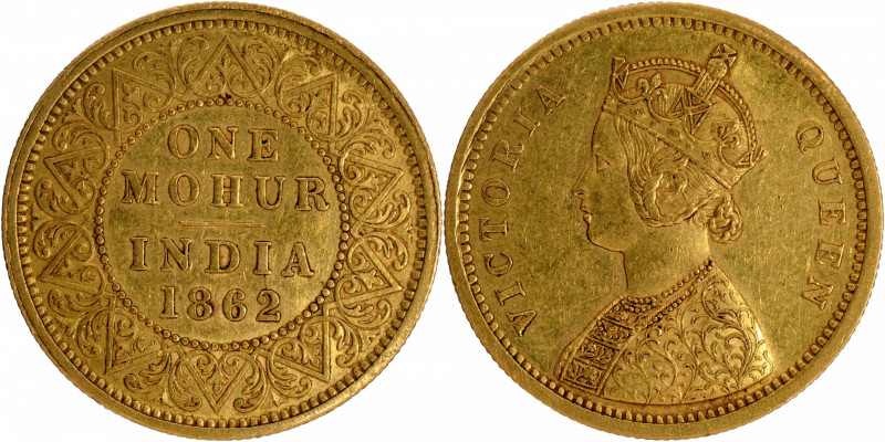 1862, Victoria Queen, Gold Mohur, Calcutta Mint, A/I, Obv: Single flower in the ...