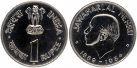 Proof Nickel One Rupee Coin of Jawaharlal Nehru of Bombay Mint of 1964 of Republic India.