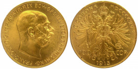 Gold One Hundred Corona Coin of  Franz Joseph I of Austria of 1915.