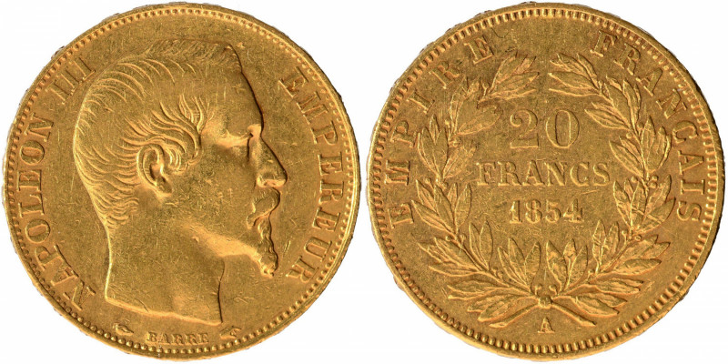 France, Napoleon III (1852-1870 AD), Gold 20 Francs, 1854 A, Paris Mint, Obv: th...
