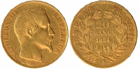 Gold Twenty Francs Coin of Nepoleon III of France of 1854.