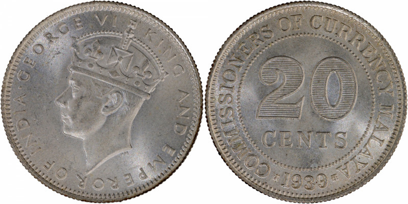 Malaya (Malaysia), King George VI, Silver 20 Cents, 1939, Obv: crowned bust of t...