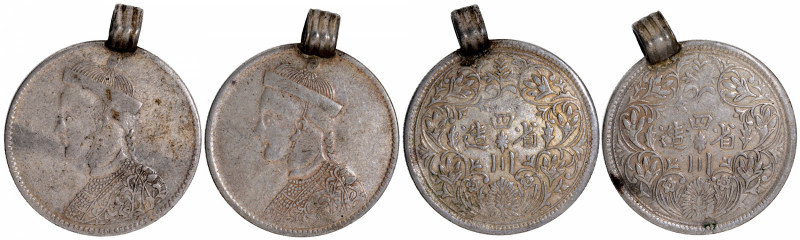 Tibet, Szechuan, Silver Rupee (2), Used as Pendants, Kangding Mint, in imitation...