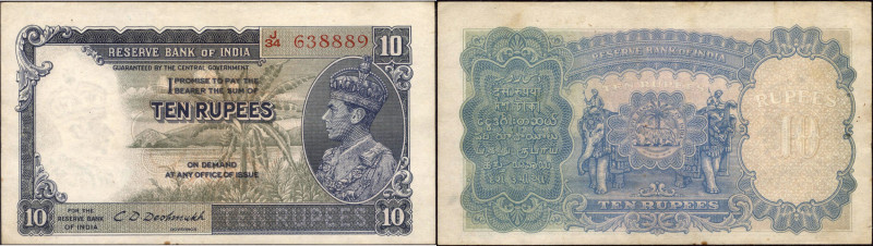 British India, 1944, King George VI, 10 Rupees, Signed by C.D. Deshmukh, J Prefi...