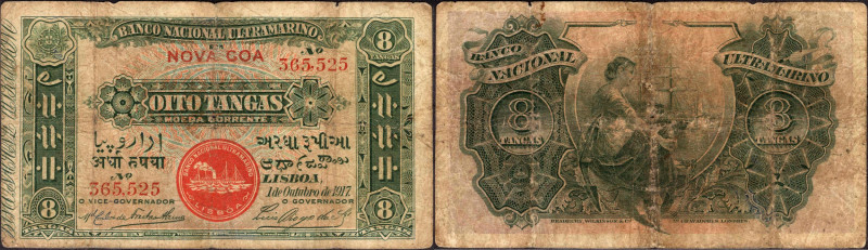 Indo-Portuguese, 1917, 8 (Oito) Tangas, Banco Nacional Ultramarino-Nova Goa, 2nd...