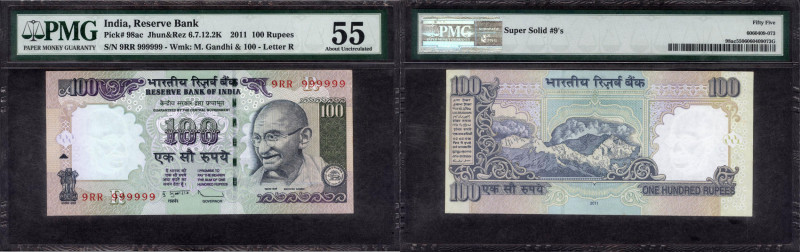 Republic India, 2011, 100 Rupees, 999999, Super Solid Number (10 times 9), Signe...