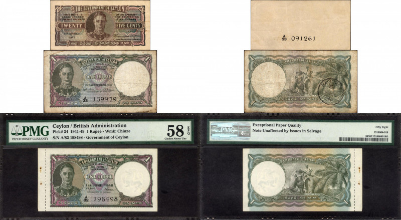 Ceylon, King George VI, Uniface 25 Cents & 1 Rupee (2), Lot of 3 Notes, S. No. A...