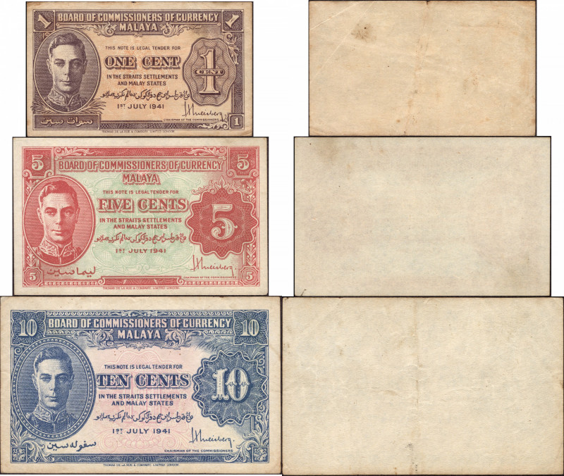 Malaya, King George VI, Uniface 1, 5 and 10 Cents, Dated 1st July 1941, (Pick # ...