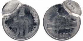 Strike Error Stainless Steel Fifty Paise Coin of Calcutta Mint of 1993 of Republic India.
