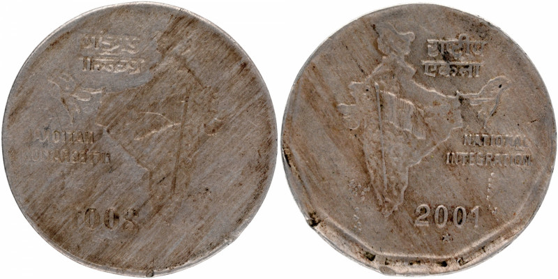 Republic India, 2001, Copper Nickel 2 Rupees, Hyderabad Mint, Error: Obverse Lak...